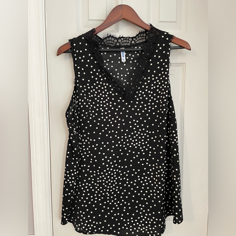 Women’s size L dressy black tank top with white polka dots, size L